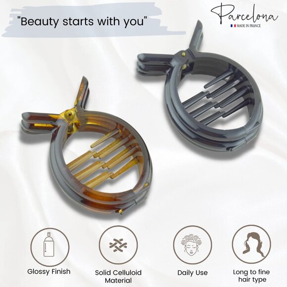 Set of 2 French Hair Clips Cellulose Acetate Tortoise Shell & Black Women - Picture 2 of 9